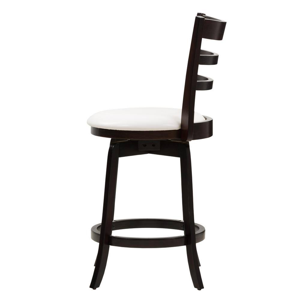 Espresso Wood Swivel Bar Stool with White Leatherette Seat