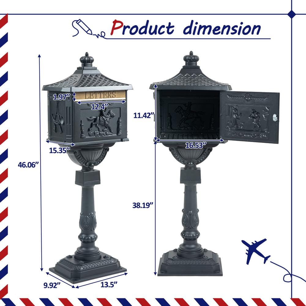 Vintage Black Cast Aluminum Lockable Outdoor Mailbox