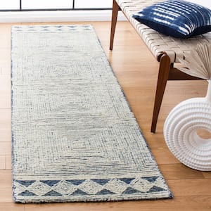 Abstract Ivory/Navy 2 ft. x 14 ft. Geometric Striped Runner Rug