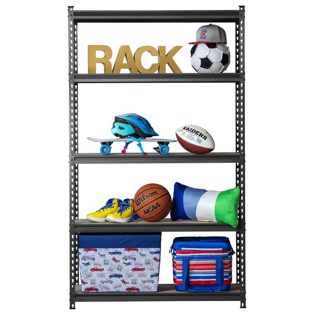 Adjustable 5-Tier Black Metal and Wood Storage Shelving
