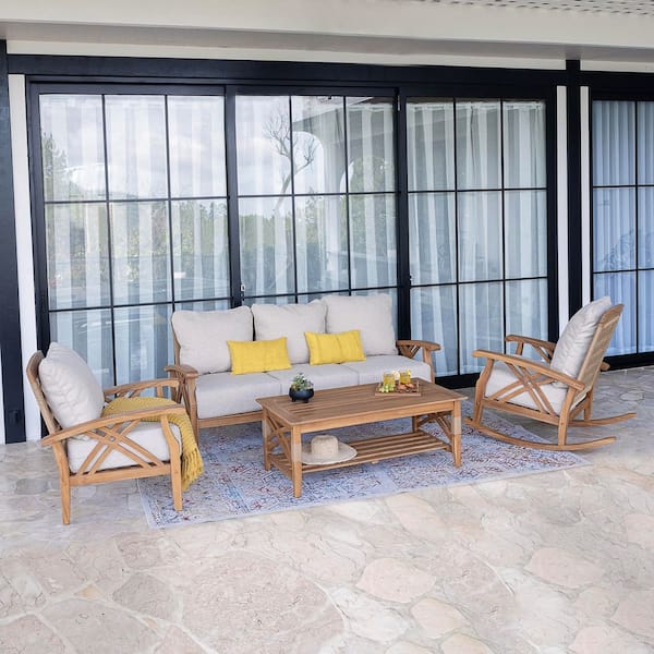 Cambridge Casual Carmel 4-Piece Teak Wood Patio Conversation Set with Tan Cushions
