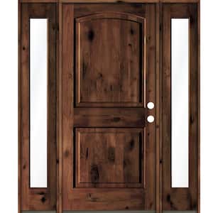 58 in. x 80 in. Rustic Knotty Alder Arch Top Red Mahogany Stained Wood Right Hand Single Prehung Front Door