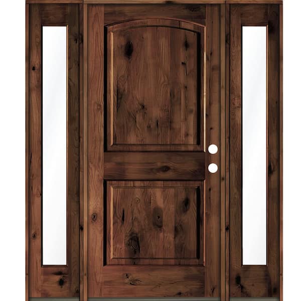 64 in. x 80 in. Rustic Knotty Alder Arch Top Red Mahogany Stained Wood Right Hand Single Prehung Front Door
