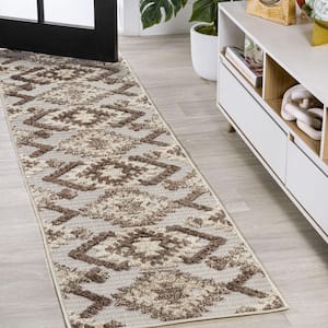 Sumak Brown/Ivory 2 ft. x 10 ft. High-Low Pile Neutral Diamond Kilim Indoor/Outdoor Area Rug