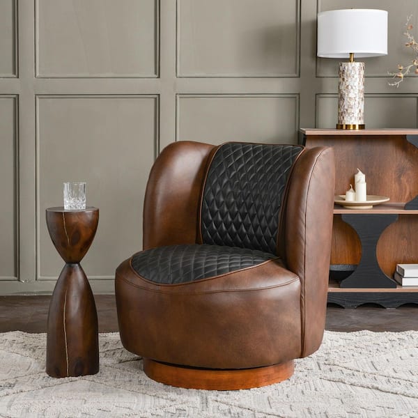 29 in. W Black/Brown Top-grain Genuine Leather Upholstered Swivel Barrel Chair (Set of 1)