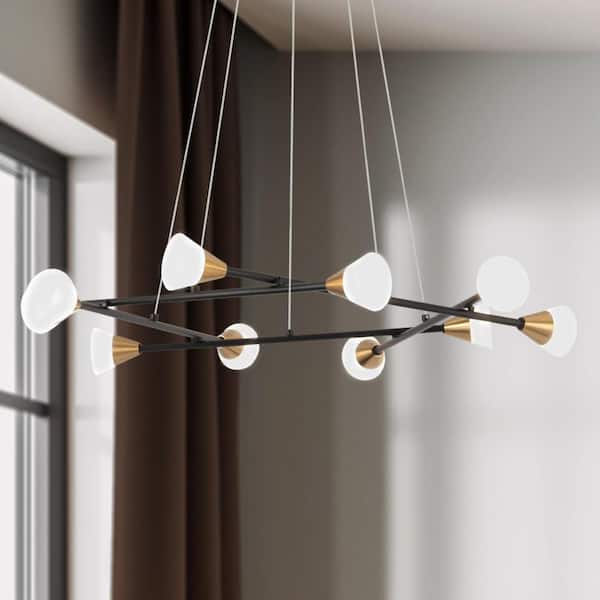 28 in. 10-Light Integrated LED Brass Sputnik Chandelier, Modern Black Pendant Light, 3045K Warm White Light for Bedroom