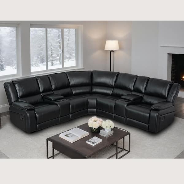 109 in. 7 Pieces Modular Modern Contemporary Faux Leather Manual Recliner Sectional Sofa in. Black