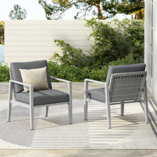 Unbranded Silver Aluminum Outdoor Lounge Chair with Gray Cushion, Sleek Rope Accents (2-Pack)