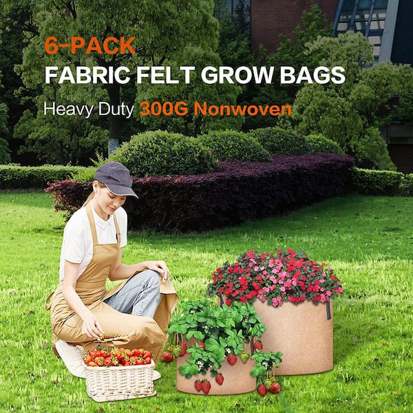 5-Pack 2 Gallons Grow Bags Heavy Duty Thickened Nonwoven Fabric Pots with Strap Handles Tan