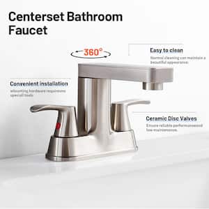 Rotatable 4 in. Centerset Double Handle Bathroom Faucet with Drain Kit Included in Brushed Nickel