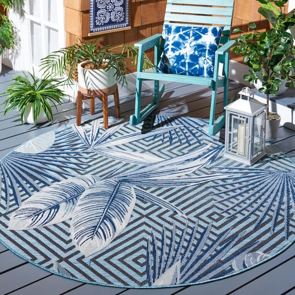Cabana Aqua/Navy 6 ft. x 6 ft. High-Low Diamond Leaf Indoor/Outdoor Round Area Rug