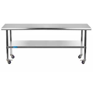 30 in. x 72 in. Stainless Steel Work Table with Casters : Mobile Metal Kitchen Utility Table with Bottom Shelf