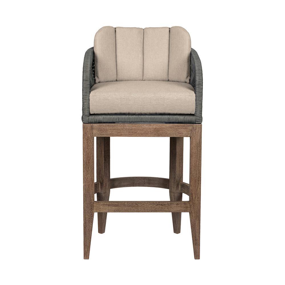 Orbit 30" Eucalyptus Wood Bar Stool with Taupe Cushions and Gray Rope