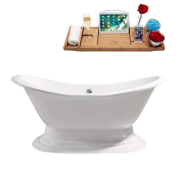 Streamline 72 in. Cast Iron Flatbottom Non-Whirlpool Bathtub in Glossy White with Polished Chrome External Drain and Tray