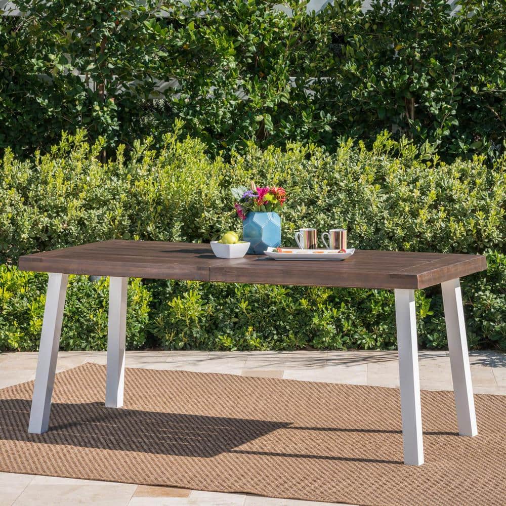 Rectangular Dark Brown Acacia Wood Tabletop Outdoor Dining Table with Metal