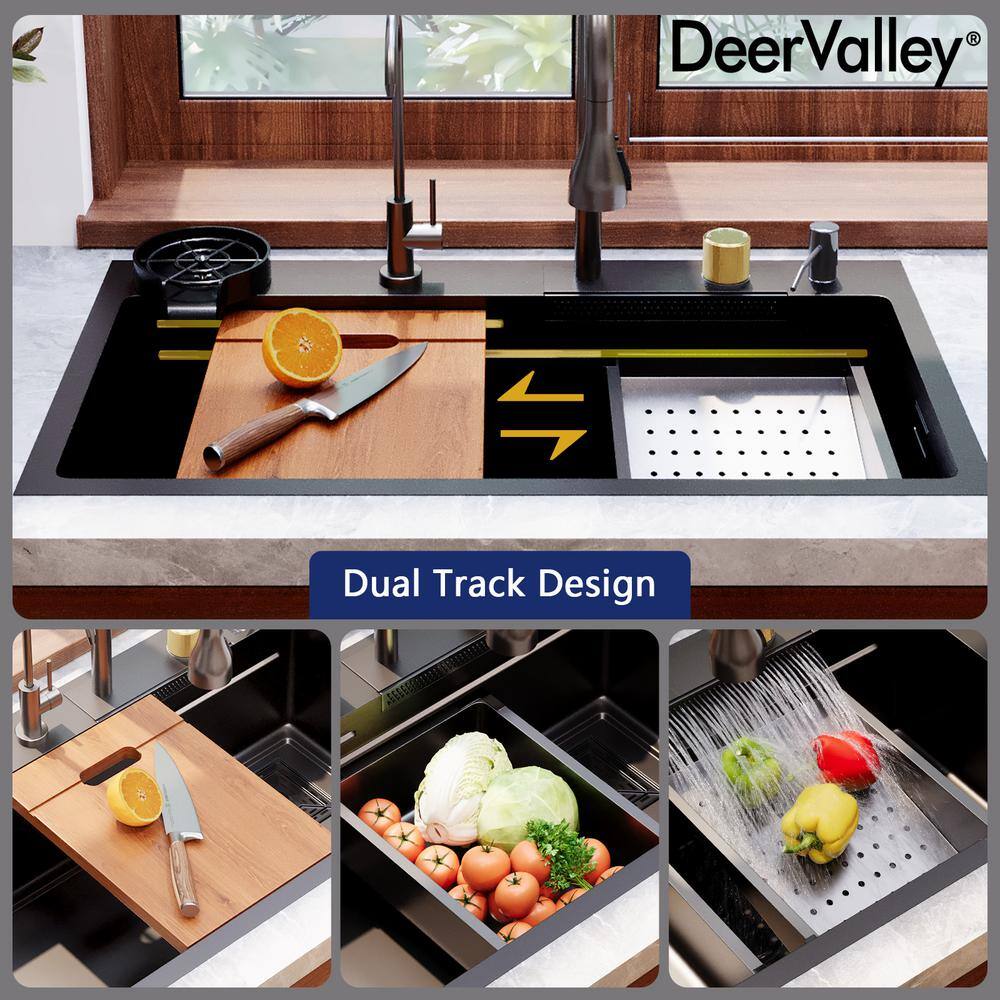 32" Black Stainless Steel Drop-In Single Bowl Kitchen Sink Workstation