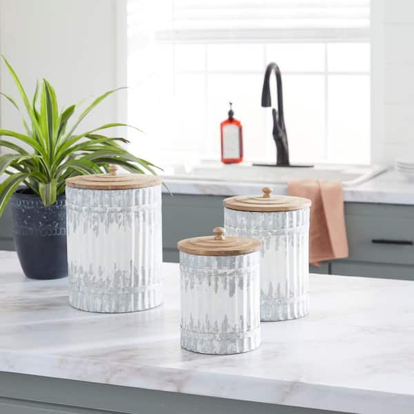 Litton Lane White Metal Distressed Decorative Jars with Wood Lids (Set of 3)