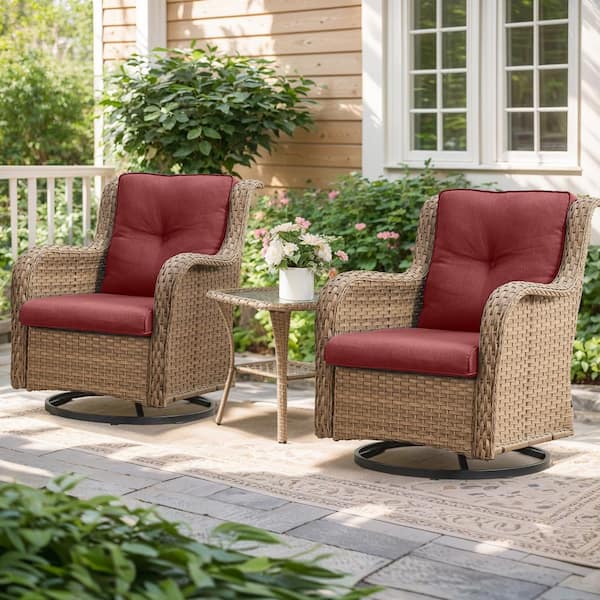Arcline Yellow 3-Piece Wicker Outdoor Rocking Chair Patio Conversation Set with Red Cushions and Side Table