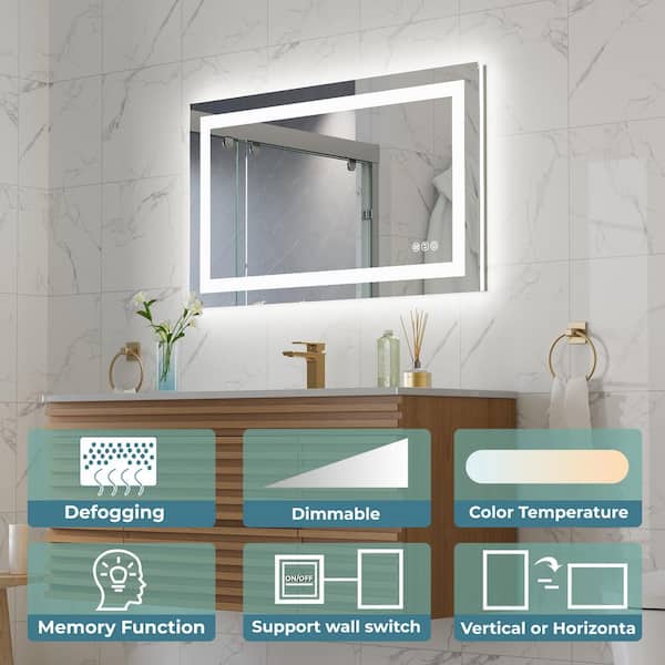 40 in. W x 24 in. H Small Rectangular Aluminum Frameless Dimmable Anti-Fog Wall LED Bathroom Vanity Mirror in White