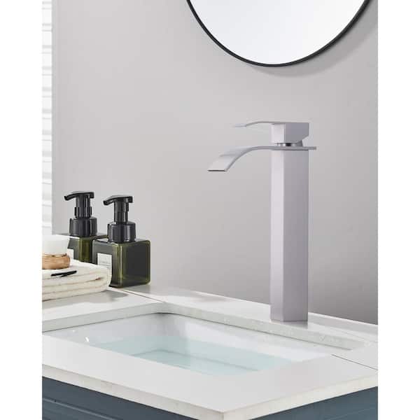 Waterfall Single Hole Single Handle Tall Bathroom Sink Faucet with Supply Hose and Pop-Up Drain in Brushed Nickel