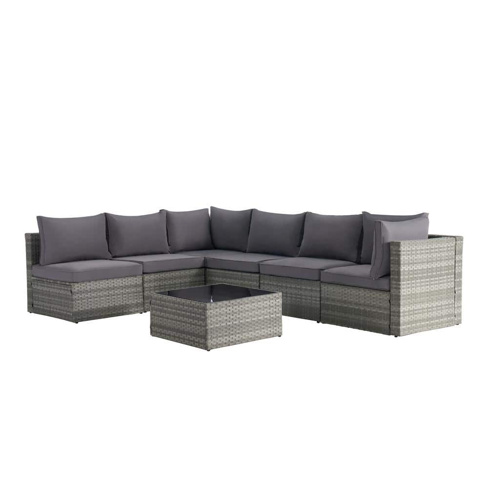 7-Piece Wicker Outdoor Sectional Sofa Set with Gray Cushions and Tempered G
