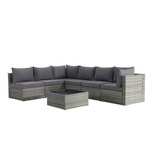 7-Piece Wicker Outdoor Sectional Sofa Set with Gray Cushions and Tempered Glass Top Coffee Table for Backyard