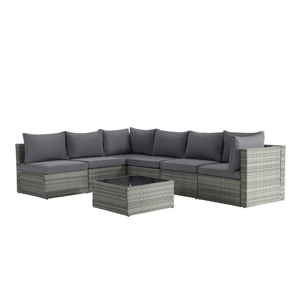 Unbranded 7-Piece Wicker Outdoor Sectional Sofa Set with Gray Cushions and Tempered Glass Top Coffee Table for Backyard