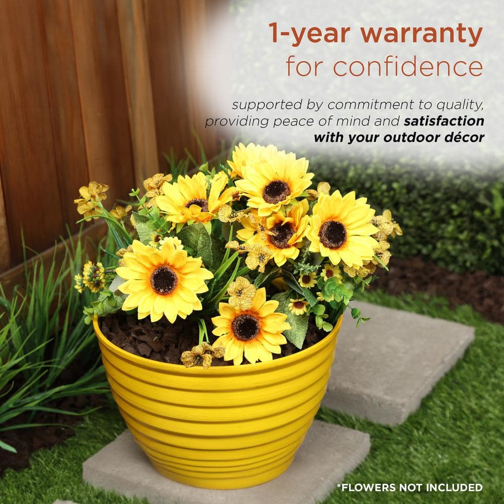 12" Yellow Ribbed Plastic Indoor Outdoor Planter
