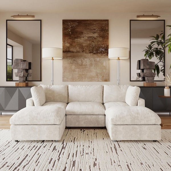 100 in. Square Arm 5-Piece Chenille U-Shaped Modualr Sectional Sofa with Detachable Covers, Ottoman in. Beige for Office