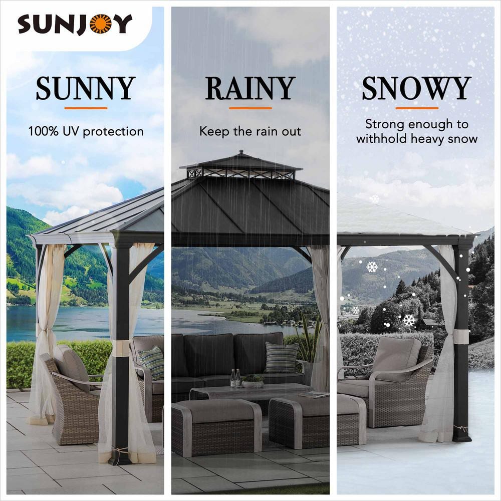 Sunjoy Black Metal 11x13 ft Hardtop Gazebo with Mesh Netting