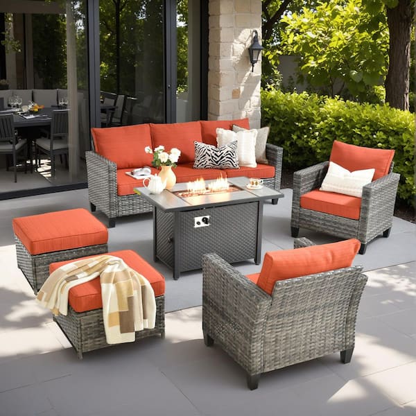 XIZZI Flora 6-Piece Wicker Patio Rectangle Fire Pit Conversation Set with Orange Red Cushions