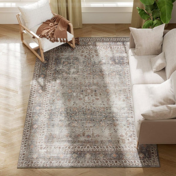Area Rug 5 ft. x 7 ft. Machine Washable Rug, Traditional Cover Rug for Living Room, Bedroom, Dining Room, Dark Mix-Brown