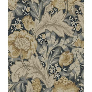 Midnight Blue and Beige Acanthus Garden Unpasted Nonwoven Paper Wallpaper Roll 57.5 sq. ft.