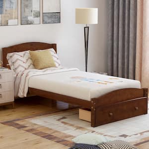 Walnut Twin Size Platform Bed with Storage Drawer and Wood Slat Support