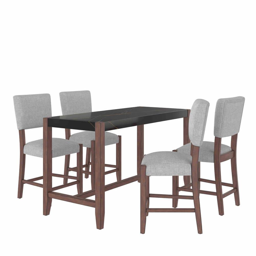 5-Piece Rectangular Black/ Gray Wood Top Dining Table Set Seats 4 with Faux Marble Bar Table and 4 Upholstered Chairs