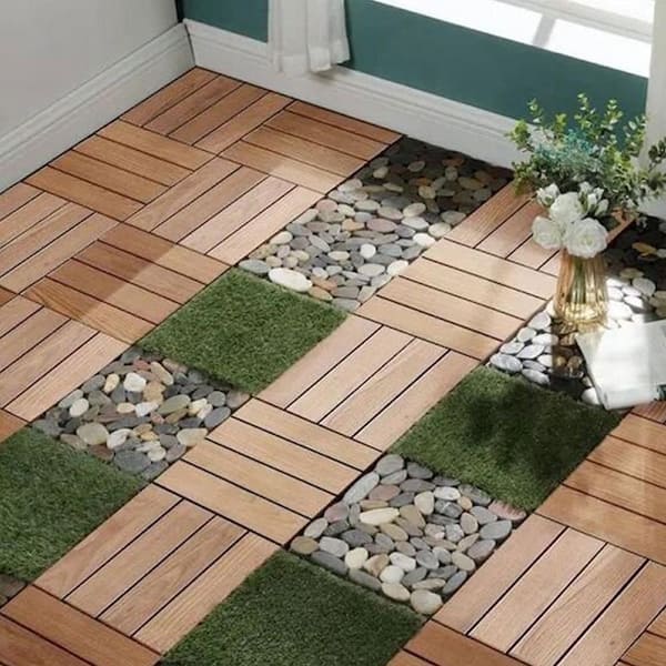 Tunearary 11.8 in. X 11.8 in. Outdoor Patio Brown Wood Plastic Waterproof Interlocking Composite Decking, 22 Pieces