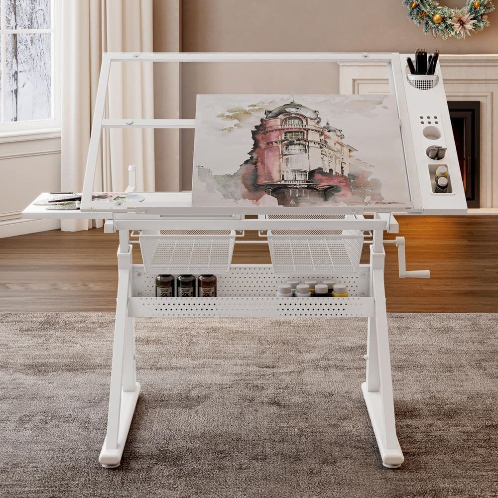 Front view of a white metal drafting table with integrated storage baskets and a lower shelf.