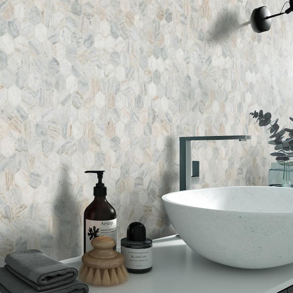 Capri Blue 2 in. Hexagon 12 in. x 12 in. x 0.38 in. Honed Marble Mesh-Mounted Mosaic Tile (9.8 sq. ft./Case)