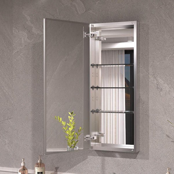 Keen 15 in. x 36 in. Framless Recessed or Surface-Mount Rectangular Aluminum Medicine Cabinet with Mirror in Silver