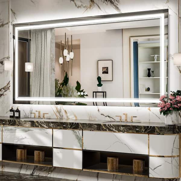 KeonJinn 72 in. W x 36 in. H Rectangular Frameless LED Light Anti-Fog Wall Bathroom Vanity Mirror with Frontlit and Backlit