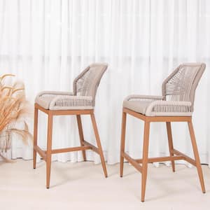 Modern Aluminum Twill Wicker Woven Bar Height Outdoor Bar Stool with Back and Cushion (2-Pack)