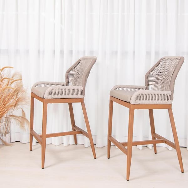 PURPLE LEAF Modern Aluminum Twill Wicker Woven Bar Height Outdoor Bar Stool with Back and Cushion (2-Pack)