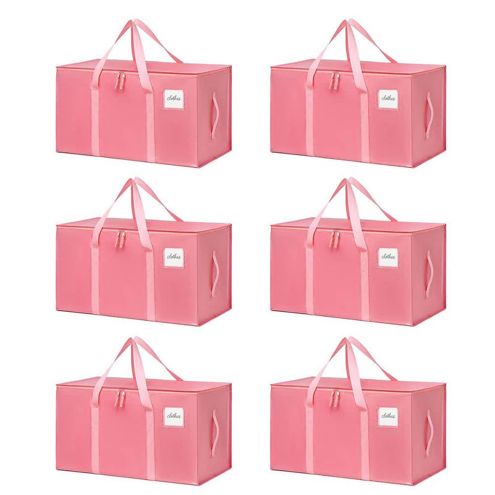 Bubblegum Pink Heavy Duty Moving Storage Tote Bag with Zippers and Reinforced Handles (6-Pack)