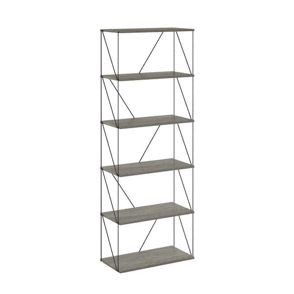 Furinno Besi 24.41 in. W Finn Oak 6-Tier Industrial Bookcase with Metal Frame