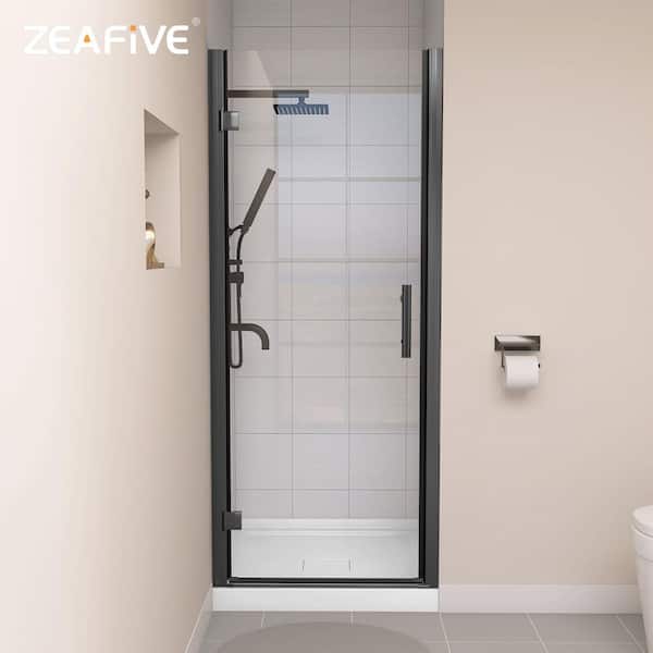 Zeafive 30 to 31-1/4 in. W x 72 in. H Pivot Swing Frameless Shower Door in Matte Black with Clear Glass Left Hinged with Handle