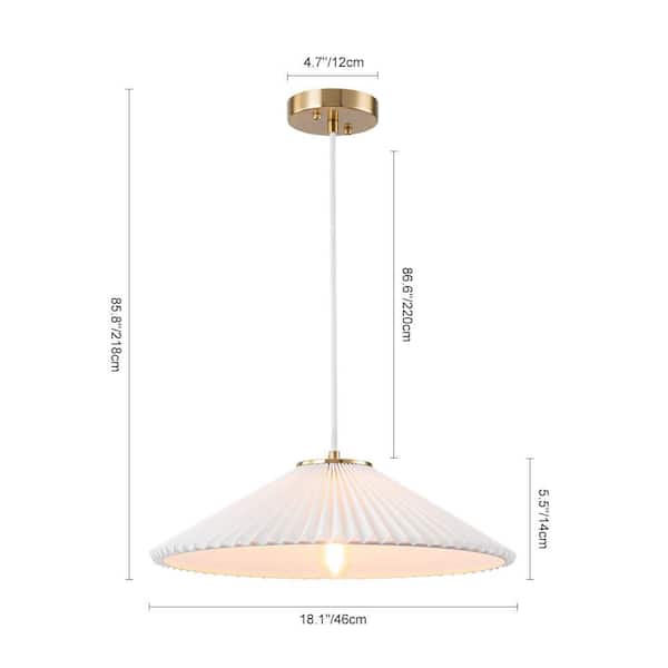 Haven 1-Light 18 in. Brass and White Transitional Craftsman Disc Pendant Light with Pleated Fabric Shade for Living Room