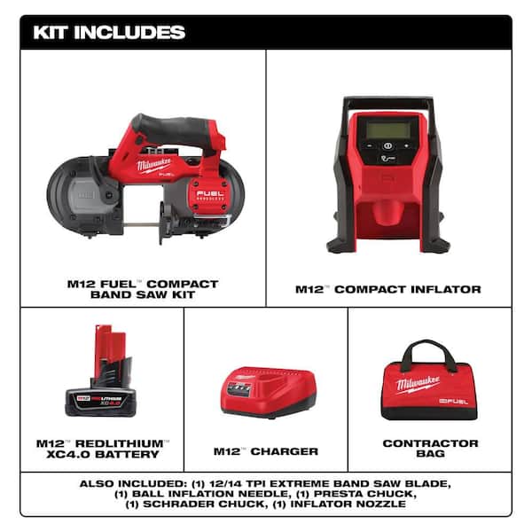 M12 FUEL 12V Lithium-Ion Cordless Compact Band Saw XC Kit with One 4.0 Ah Battery, Charger, Bag & M12 Compact Inflator
