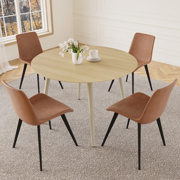 5-Piece 43.3 in. Modern Round Dining Table with 4-Leather Chairs (Table Plus 4-Brown Chairs)