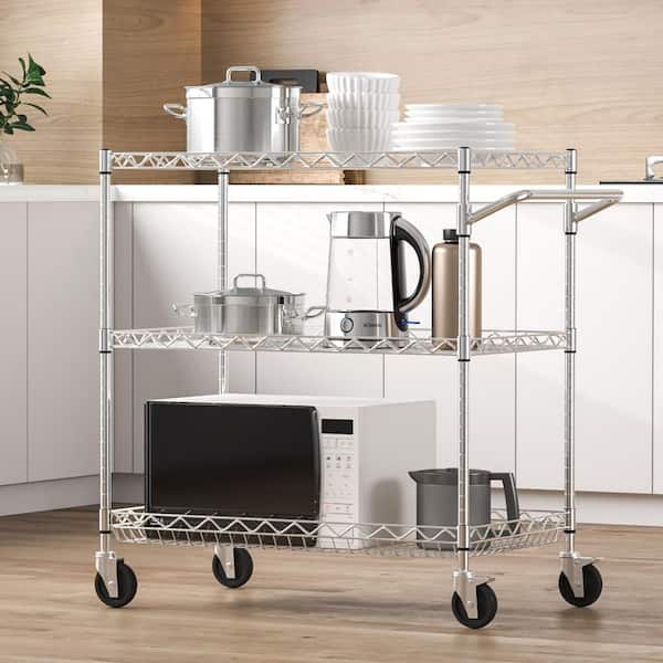 3-Tier Kitchen Cart 661 lbs. Capacity Wire Rolling Cart, Steel Service Trolley with 80 mm Deep Basket, Silver