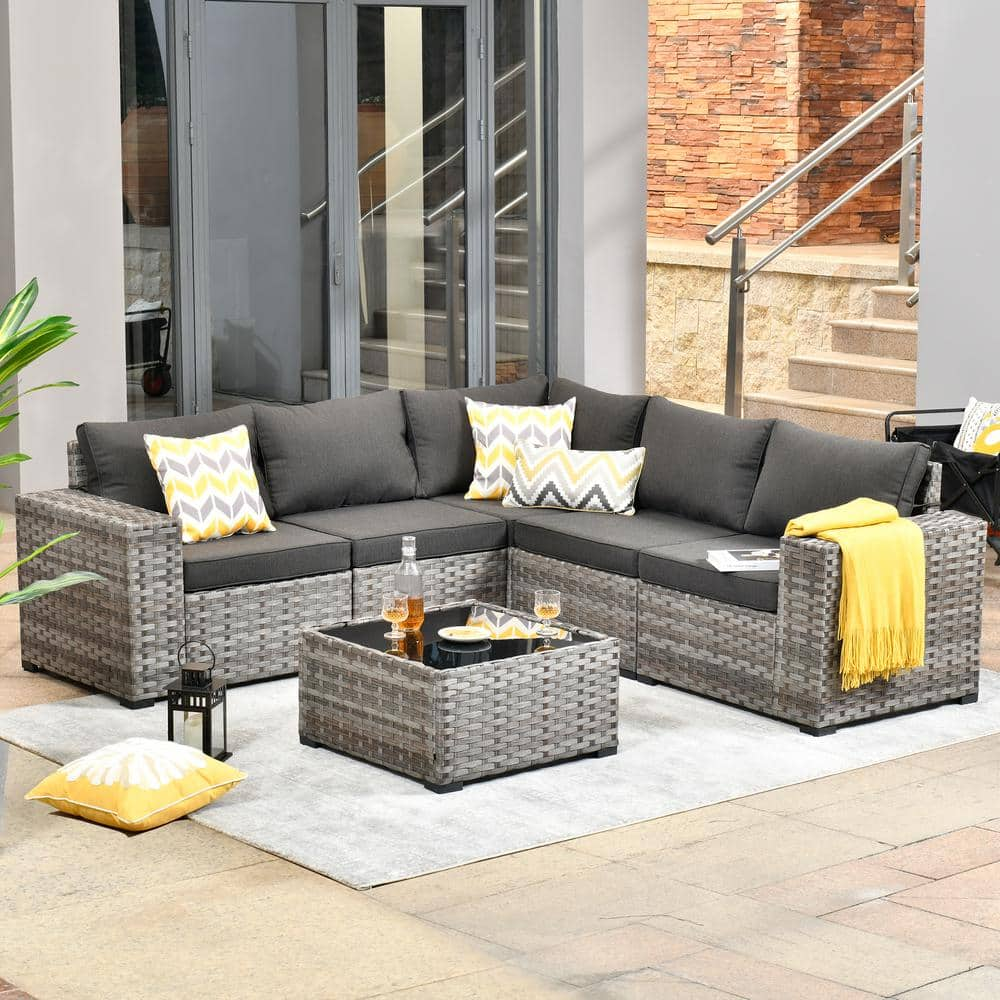 HOOOWOOO Tahoe Gray 6 Piece Wicker Extra Wide Arm Outdoor Patio Conversation Sofa Set with Black Cushions BBR106BL The Home Depot